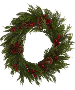 Christmas Greenery Nearly Natural 32 In. Cypress With Berries And Pine Cones Artificial Wreath