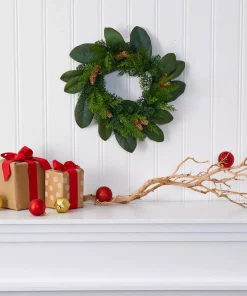 Christmas Greenery Nearly Natural 16 In. Magnolia Leaf And Mixed Pine Artificial Wreath With Pine Cones -Christmas Tree Decorations Shop nearly natural christmas wreaths 4491 31 1000