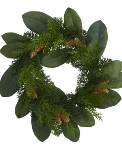 Christmas Greenery Nearly Natural 16 In. Magnolia Leaf And Mixed Pine Artificial Wreath With Pine Cones