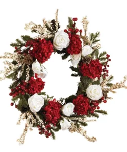 Christmas Greenery Nearly Natural 24in. Hydrangea Wreath With White Roses