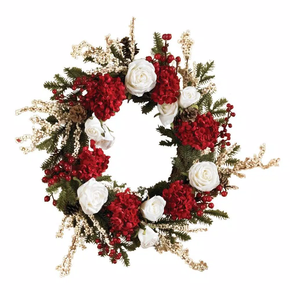 Christmas Greenery Nearly Natural 24in. Hydrangea Wreath With White Roses 1 Christmas Greenery Nearly Natural 24in. Hydrangea Wreath With White Roses