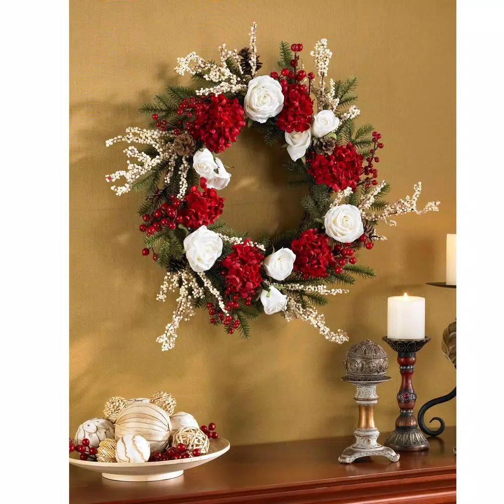 Christmas Greenery Nearly Natural 24in. Hydrangea Wreath With White Roses 2 Christmas Greenery Nearly Natural 24in. Hydrangea Wreath With White Roses - Image 2