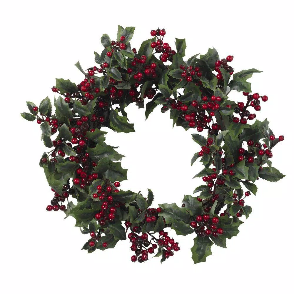 Christmas Greenery Nearly Natural 24in. Artificial Wreath With Holly Berries 1 Christmas Greenery Nearly Natural 24in. Artificial Wreath With Holly Berries
