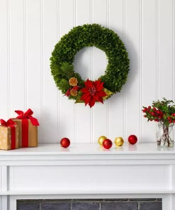 Christmas Greenery Nearly Natural 18 In. Tea Leaf Poinsettia And Pine Artificial Wreath -Christmas Tree Decorations Shop nearly natural christmas wreaths w1001 31 1000