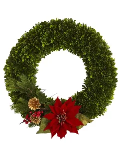 Christmas Greenery Nearly Natural 18 In. Tea Leaf Poinsettia And Pine Artificial Wreath