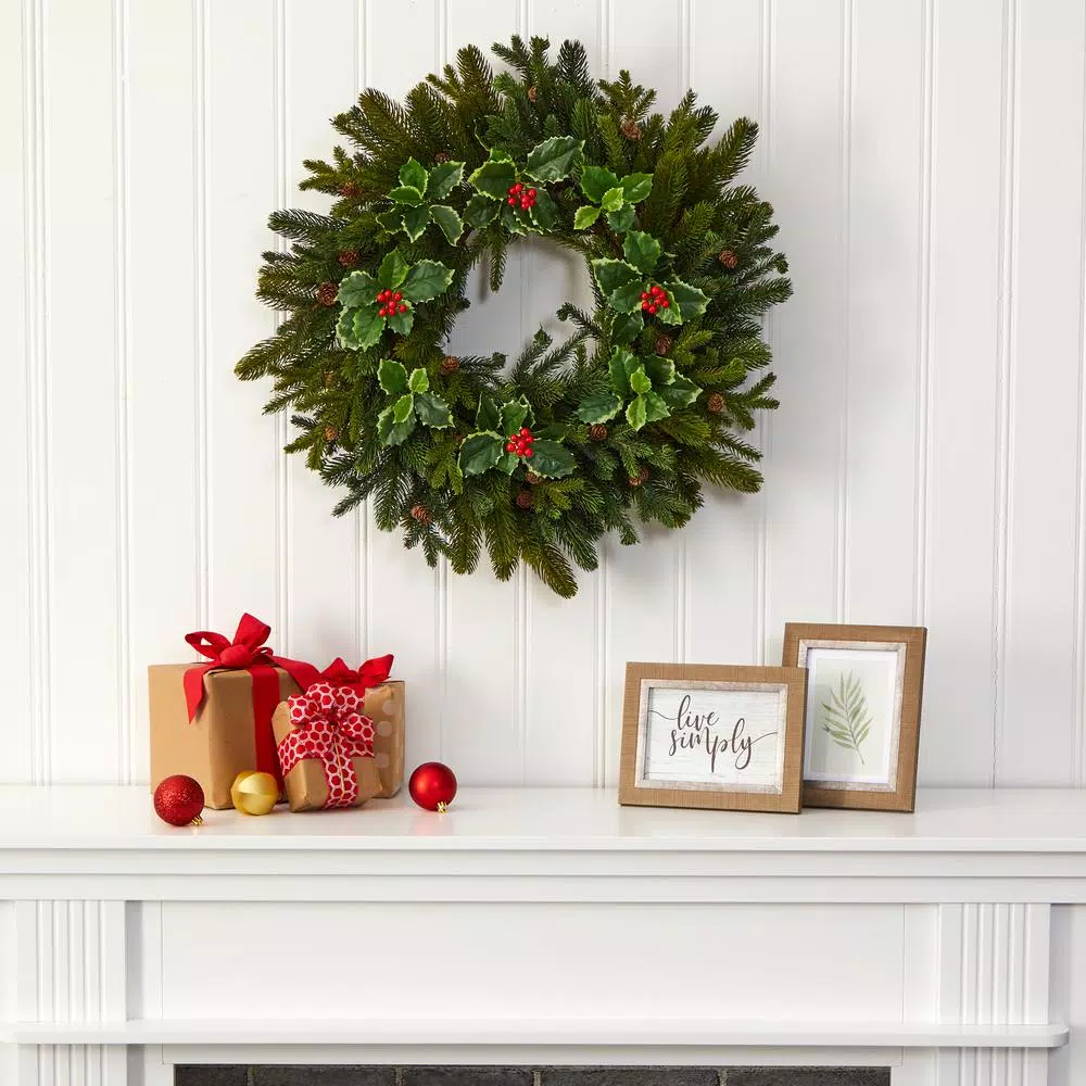 Christmas Greenery Nearly Natural 22 In. Pine Pinecone And Variegated Holly Leaf Artificial Wreath 3 Christmas Greenery Nearly Natural 22 In. Pine Pinecone And Variegated Holly Leaf Artificial Wreath - Image 3