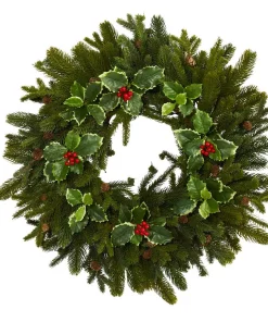 Christmas Greenery Nearly Natural 22 In. Pine Pinecone And Variegated Holly Leaf Artificial Wreath