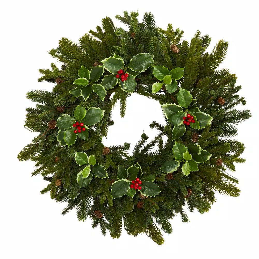 Christmas Greenery Nearly Natural 22 In. Pine Pinecone And Variegated Holly Leaf Artificial Wreath 1 Christmas Greenery Nearly Natural 22 In. Pine Pinecone And Variegated Holly Leaf Artificial Wreath