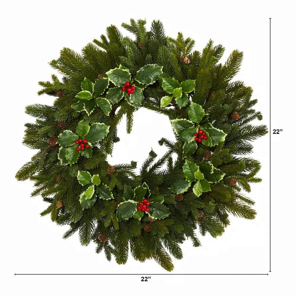 Christmas Greenery Nearly Natural 22 In. Pine Pinecone And Variegated Holly Leaf Artificial Wreath 2 Christmas Greenery Nearly Natural 22 In. Pine Pinecone And Variegated Holly Leaf Artificial Wreath - Image 2