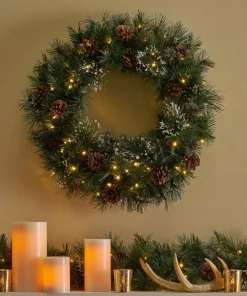 Christmas Greenery Noble House 24 In. Battery Operated Pre-Lit LED Artificial Christmas Wreath With Snowy Branches And Pinecones -Christmas Tree Decorations Shop noble house christmas wreaths 54831 1f 1000