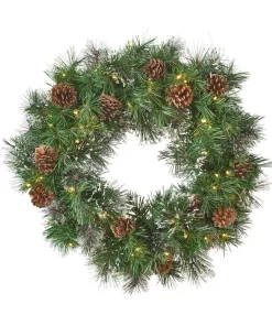 Christmas Greenery Noble House 24 In. Battery Operated Pre-Lit LED Artificial Christmas Wreath With Snowy Branches And Pinecones