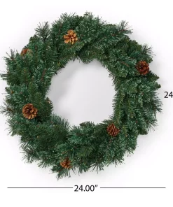 Christmas Greenery Noble House 24 In. Green Battery Operated Pre-Lit Warm White LED Mixed Pine Artificial Christmas Wreath With Pine Cones -Christmas Tree Decorations Shop noble house christmas wreaths 83579 1f 1000