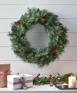 Christmas Greenery Noble House 24 In. Green Battery Operated Pre-Lit Warm White LED Mixed Pine Artificial Christmas Wreath With Pine Cones -Christmas Tree Decorations Shop noble house christmas wreaths 83579 31 1000