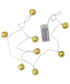 Northlight 8 Battery Operated Gold LED Jingle Bell With Star Cut-Outs Christmas Lights – Clear Wire