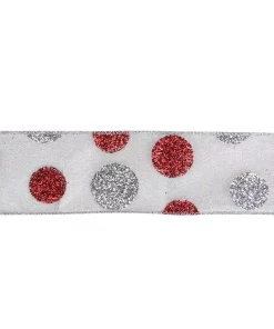 Christmas Tree Decorations Northlight 2.5 In. X 16 Yds. Silver And Red Glitter Polka Dots On Metallic Wired Ribbon
