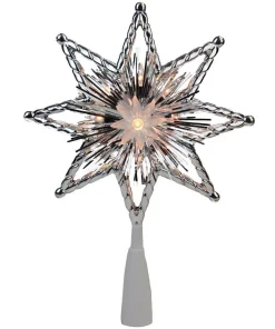 Christmas Tree Decorations Northlight 8 In. Retro Silver Tinsel 8-Point Star Christmas Tree Topper – Clear Lights