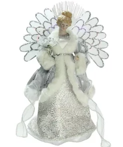 Christmas Tree Decorations Northlight 13 In. Lighted B/O Fiber Optic Angel In Silver Gray Gown Christmas Tree Topper