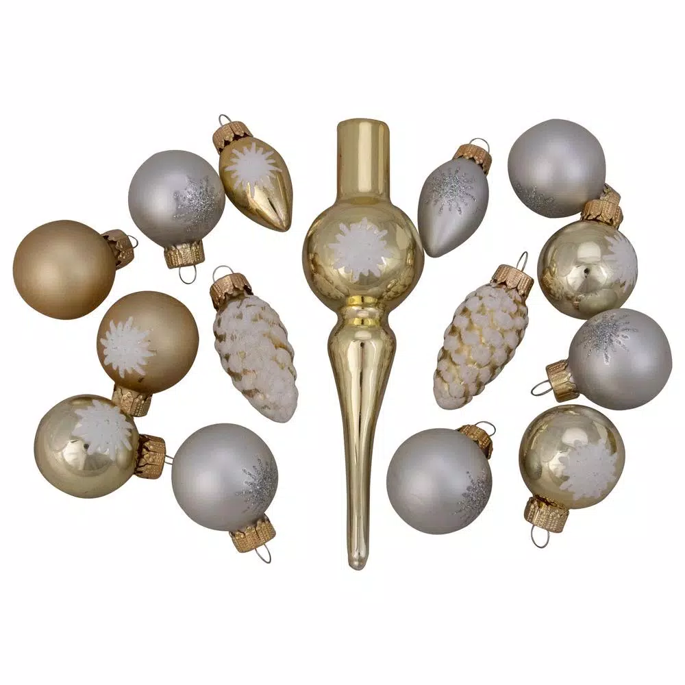 Christmas Tree Decorations Northlight 0.75 In. To 5.5 In. Gold And Silver Shiny And Matte Christmas Mini Tree Topper And Glass Ornament Set (15-Count) 1 Christmas Tree Decorations Northlight 0.75 In. To 5.5 In. Gold And Silver Shiny And Matte Christmas Mini Tree Topper And Glass Ornament Set (15-Count)