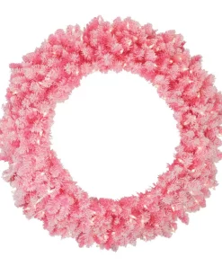 Christmas Greenery Northlight 36 In. Pre-Lit Flocked Pink Artificial Christmas Wreath With Clear Lights