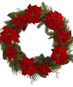 Christmas Greenery Nearly Natural 36 In. Poinsettia And Pine Wreath