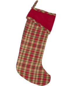 Indoor Christmas Decorations VHC Brands 20 In. Cotton/Felt Claren Cherry Red Rustic Christmas Decor Stocking