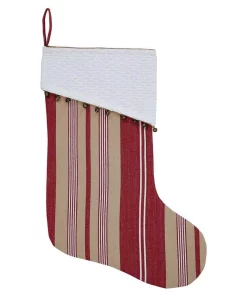 Indoor Christmas Decorations VHC Brands 15 In. 100% Cotton Vintage Stripe Candy Apple Red Farmhouse Christmas Decor Stocking