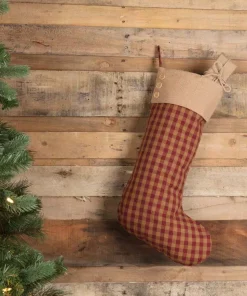 Indoor Christmas Decorations VHC Brands 20 In. Cotton/Jute Burgundy Check Red Primitive Christmas Decor Button Stocking -Christmas Tree Decorations Shop vhc brands christmas stockings 42374 31 1000