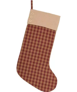 Indoor Christmas Decorations VHC Brands 20 In. Cotton/Jute Burgundy Check Red Primitive Christmas Decor Button Stocking