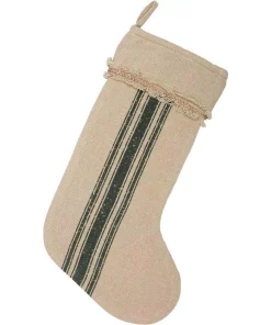 Indoor Christmas Decorations VHC Brands 20 In. Cotton Green Vintage Burlap Stripe Farmhouse Christmas Decor Stocking