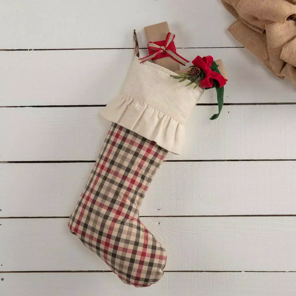 Indoor Christmas Decorations VHC Brands 20 In. Hollis Ivory White Farmhouse Christmas Decor Plaid Stocking 3 Indoor Christmas Decorations VHC Brands 20 In. Hollis Ivory White Farmhouse Christmas Decor Plaid Stocking - Image 3