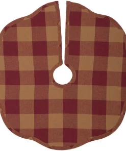 Christmas Tree Decorations VHC Brands 21 In. Burgundy Check Red Primitive Christmas Decor Scalloped Tree Skirt