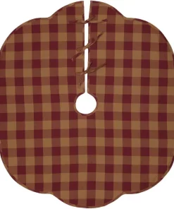 Christmas Tree Decorations VHC Brands 48 In. Burgundy Check Red Primitive Christmas Decor Scalloped Tree Skirt