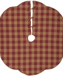Christmas Tree Decorations VHC Brands 55 In. Burgundy Check Red Primitive Christmas Decor Scalloped Tree Skirt