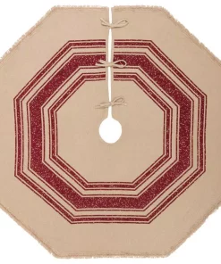 Christmas Tree Decorations VHC Brands 55 In. Red Vintage Burlap Stripe Farmhouse Christmas Decor Tree Skirt