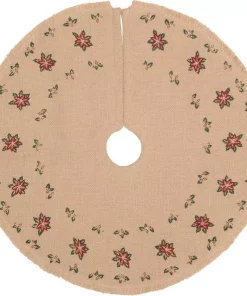 Christmas Tree Decorations VHC Brands 21 In. Jute Burlap Poinsettia Natural Tan Holiday Decor Tree Skirt