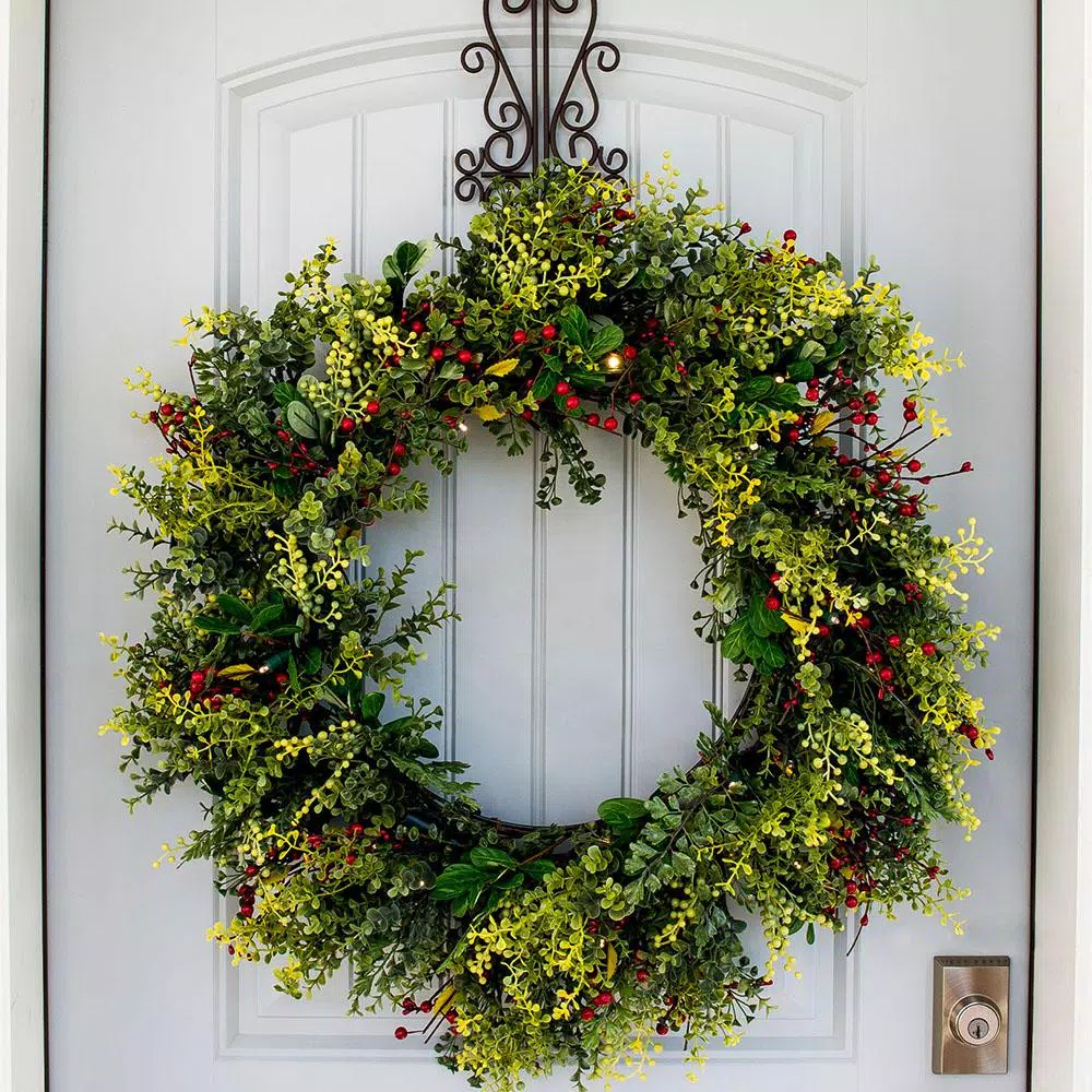 Christmas Greenery Village Lighting Company 30 In. Pre-Lit LED Christmas Boxwood And Berry Wreath 3 Christmas Greenery Village Lighting Company 30 In. Pre-Lit LED Christmas Boxwood And Berry Wreath - Image 3