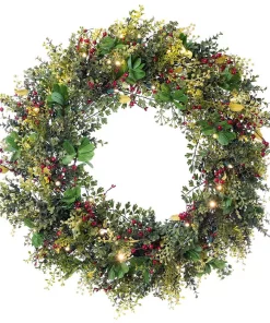 Christmas Greenery Village Lighting Company 30 In. Pre-Lit LED Christmas Boxwood And Berry Wreath