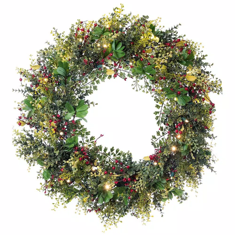 Christmas Greenery Village Lighting Company 30 In. Pre-Lit LED Christmas Boxwood And Berry Wreath 1 Christmas Greenery Village Lighting Company 30 In. Pre-Lit LED Christmas Boxwood And Berry Wreath