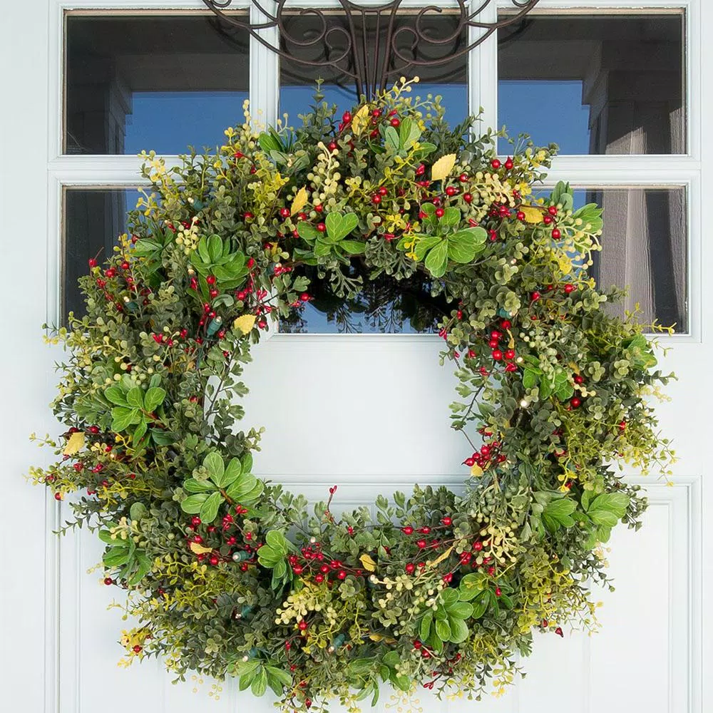 Christmas Greenery Village Lighting Company 30 In. Pre-Lit LED Christmas Boxwood And Berry Wreath 2 Christmas Greenery Village Lighting Company 30 In. Pre-Lit LED Christmas Boxwood And Berry Wreath - Image 2
