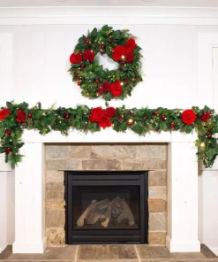 Christmas Greenery Village Lighting Company 30 In. Pre-Lit LED Red Peonies And Berry Wreath -Christmas Tree Decorations Shop village lighting company christmas wreaths v 20704 1f 1000