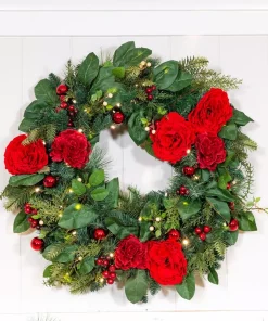 Christmas Greenery Village Lighting Company 30 In. Pre-Lit LED Red Peonies And Berry Wreath -Christmas Tree Decorations Shop village lighting company christmas wreaths v 20704 44 1000