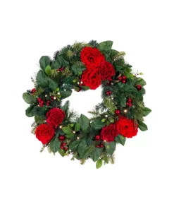 Christmas Greenery Village Lighting Company 30 In. Pre-Lit LED Red Peonies And Berry Wreath