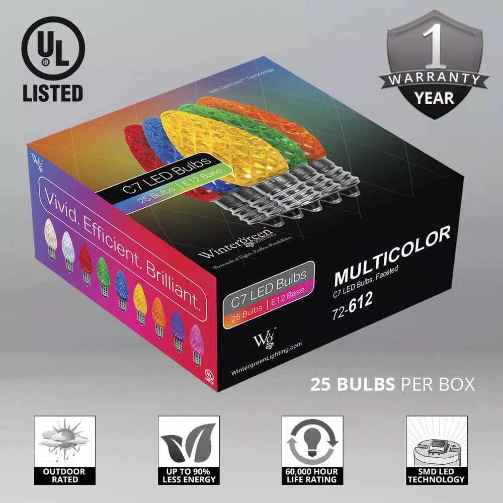 Christmas Lights Wintergreen Lighting OptiCore C7 LED Multi-Color Faceted Christmas Light Bulbs (25-Pack) 2 Christmas Lights Wintergreen Lighting OptiCore C7 LED Multi-Color Faceted Christmas Light Bulbs (25-Pack) - Image 2