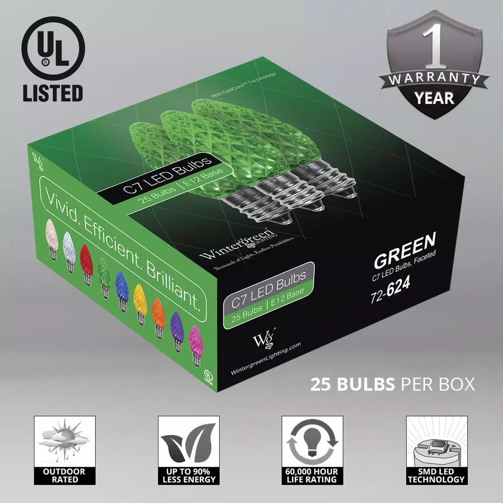 Christmas Lights Wintergreen Lighting OptiCore C7 LED Green Faceted Christmas Light Bulbs (25-Pack) 2 Christmas Lights Wintergreen Lighting OptiCore C7 LED Green Faceted Christmas Light Bulbs (25-Pack) - Image 2