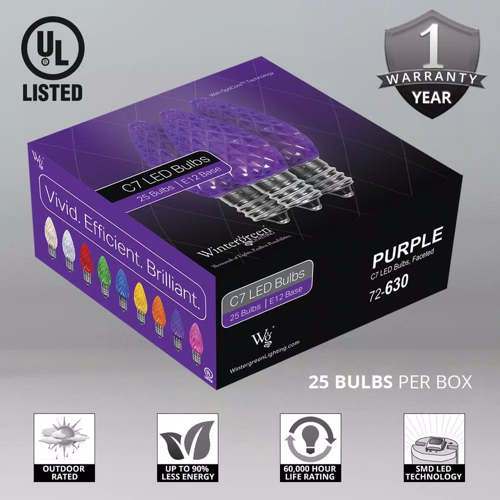 Christmas Lights Wintergreen Lighting OptiCore C7 LED Purple Faceted Replacement Light Bulbs (25-Pack) 2 Christmas Lights Wintergreen Lighting OptiCore C7 LED Purple Faceted Replacement Light Bulbs (25-Pack) - Image 2