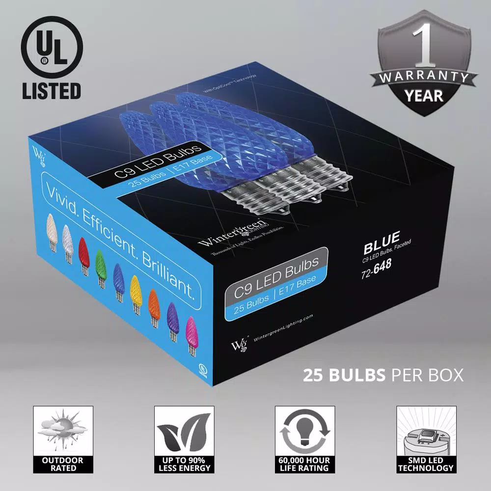 Christmas Lights Wintergreen Lighting OptiCore C9 LED Blue Faceted Christmas Light Bulbs (25-Pack) 2 Christmas Lights Wintergreen Lighting OptiCore C9 LED Blue Faceted Christmas Light Bulbs (25-Pack) - Image 2