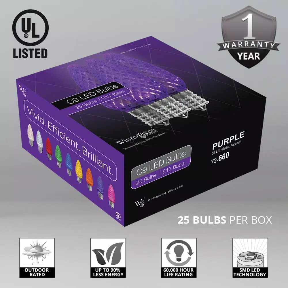 Christmas Lights Wintergreen Lighting OptiCore C9 LED Purple Faceted Replacement Light Bulbs (25-Pack) 2 Christmas Lights Wintergreen Lighting OptiCore C9 LED Purple Faceted Replacement Light Bulbs (25-Pack) - Image 2