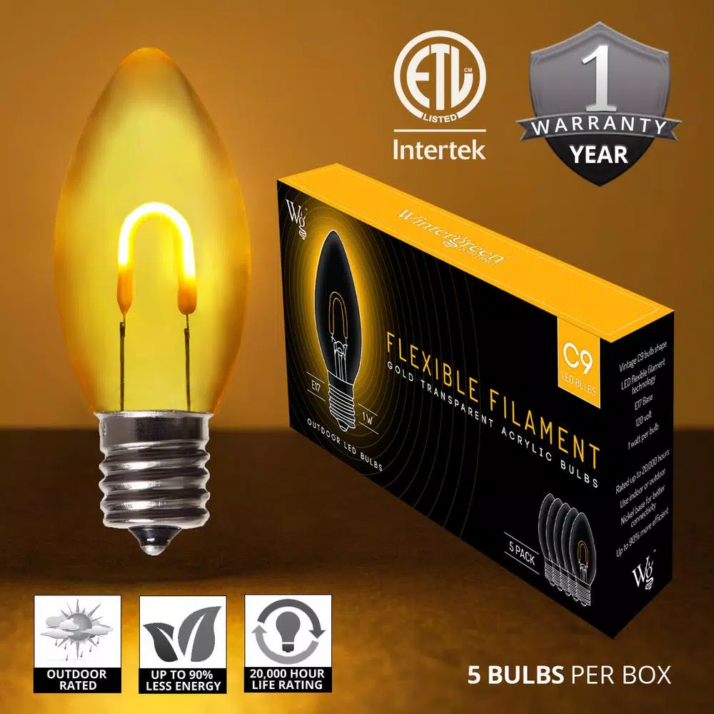 Christmas Lights Wintergreen Lighting FlexFilament C9 LED Shatterproof Gold Vintage Edison Christmas Light Bulbs (5-Pack) 2 Christmas Lights Wintergreen Lighting FlexFilament C9 LED Shatterproof Gold Vintage Edison Christmas Light Bulbs (5-Pack) - Image 2
