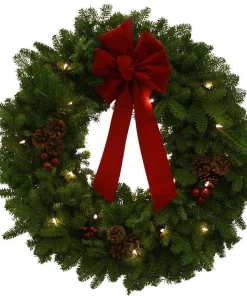 Christmas Greenery Worcester Wreath 24 In. Pre-Lit Classic Fresh Wreath With Red Velvet Bow : Multiple Ship Weeks Available
